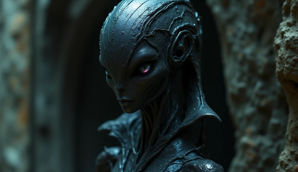 Photography of a mesmerizing portrait of an alien being with a captivating aura. The creature's appearance is both alien and humanoid, with luminescent, violet-hued skin and expressive eyes that exude wisdom and mystery. The portrait is set against a celestial backdrop, with stars and nebulae scattered across the inky blackness of space. The lighting is soft, emanating from an unseen source, highlighting the contours of the alien's face and creating a ethereal glow. The composition is a close-up, allowing viewers to explore the intricate details of the alien's distinctive features