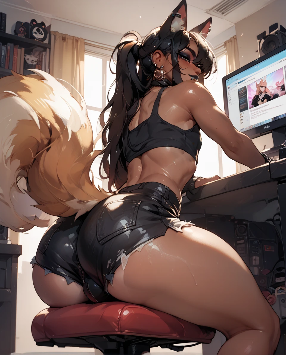 (anthro)) wolf, Ross Tran, by ruan jia, by zaush, by foxovh Best Quality, masutepiece,, Illustration, Wallpaper,1girl in, Solo, black hair, Semi-long hair, Beautiful detailed girl, extremely detailed eye and face, Beautiful detailed eyes, Shy, natural_Lighting, Glow,, Clean sky, Looking at Viewer, gym, Straight hair, blue petals, Ponytail, Blue Ribbon, black hair, Thick_thighs thighs thighs thighs, big ass, wearing tight gym , taking a gym selfie of her butt with her phone, highwire, blue eyes, ass, round ass