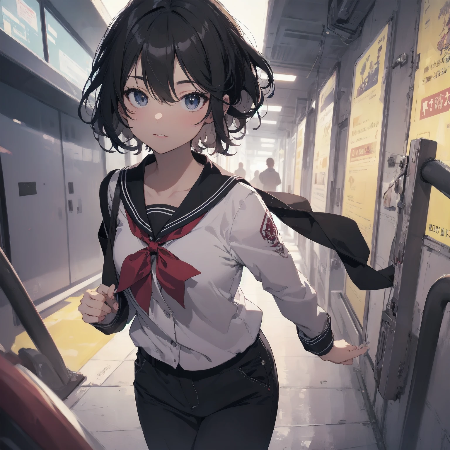 4K, (work of art), highest quallity, 2d, ((rebeld girl)), (teenage anime girl), holding a lollipo, selfie, short hair with long bangs, heterochromatic eyes, ssmile, full height, clean eyes, black eyelash, (intrincado detalhado), dramatic, makoto shinkai, purple eyes