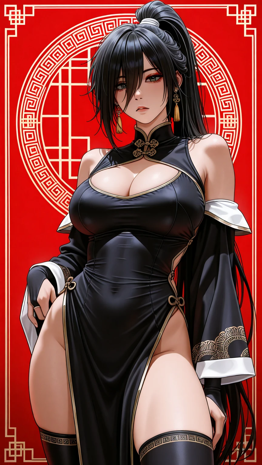 (masterpiece, high quality, lifelike, Ultra realistic, Remarkably high quality, photorealistic:1.5), Anime Woman Tsubaki Miyajima with Black Long Hair wearing a Black Kimono with red fire design on the Kimono minimalist logo design bright colors, high quality, extreme quality, super detailed, Wide hips, Narrow waist, Close-up:0.6, Upper-body view, Looking at viewer, Large 36DD Breasts, Sexy, pretty