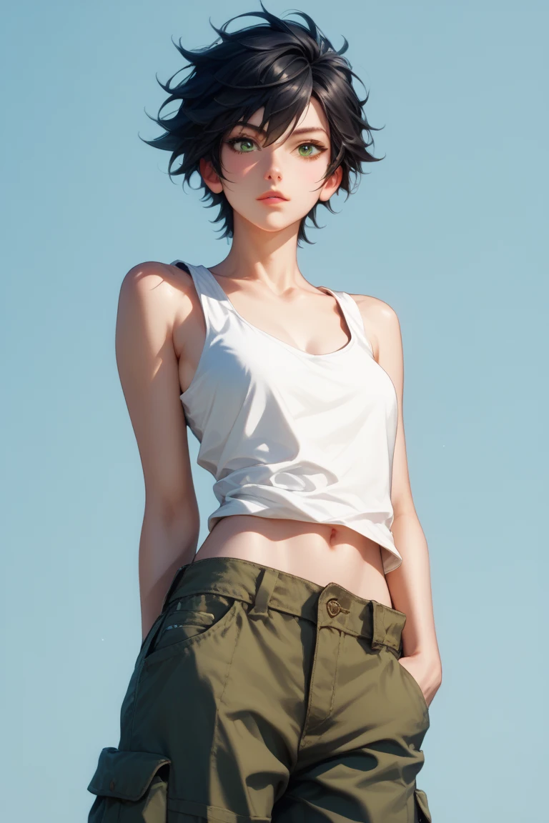 Female Peter Pan short hair, shaggy belly hair, green mini shorts