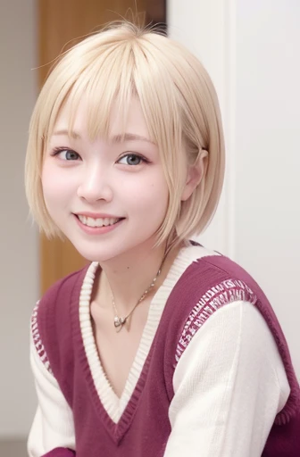 One person、12 years old、Blonde、Blonde、Full body photo、slender、woman、White drool coming out of the mouth、smile、Short Bob Cut、 Fair skin, messy hair, super cute、Soft and Face、8K resolution、Surreal、Ultra high definition、 A-cup small ???????（（Highest resolution、8K、masterpiece：1.3））、Ultra-fine face、Ultra Fine Lips、Beautiful Eyes、double eyelid,Pink wall、Red tie、Sleeveless white shirt、Navy Blue Skirt、Thighs、thin,Thighsが見える、Shapely small ???????、