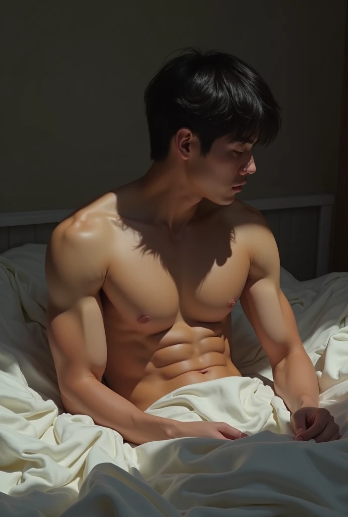 Jungkook (ultra realistic)), high detail, photo shoot, handsome young korean man,((wearing security guard white uniform)),((pulling up shirt over:1.3)), ((showing chest:1.3)), muscular, (abs), (pectorals), (((full body))), high res, detailed realistic image, beautiful eyes, eyes open, handsome face, detailed face, (short hair:1.2), (((())))