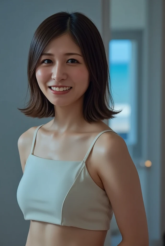 masterpiece, Best quality, Skinny Japanese woman, 40 years old, sexy nightwear, on the bed in a hotel room, correct body structure, slight smile, perfect face, detailed face, detailed eyes