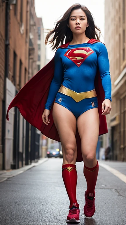  superheroine is standing asleep against a wall, sweat, full body, defeat