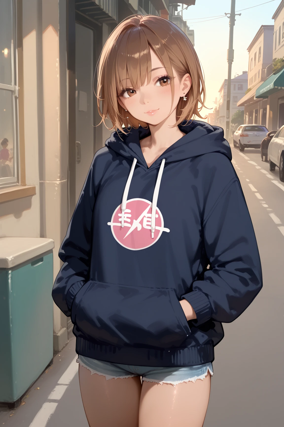 beste Quality, Hi-Res, 1girl, higuchi madoka, Brown hair, mole under the eye, hairornaments, hair clips, short-hair, bangs, violet colored eyes, cowboy-shots, thights, Sorrisos, In the street、Wet、underware