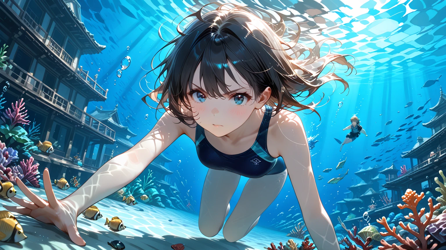 absurdres, highres, ultra detailed, 1girl, solo, extremely detailed eyes, multicolored hair, curly hair, coral eyes, , Diving_underwater_to_view_marine_life,, heavy breathing (panting)