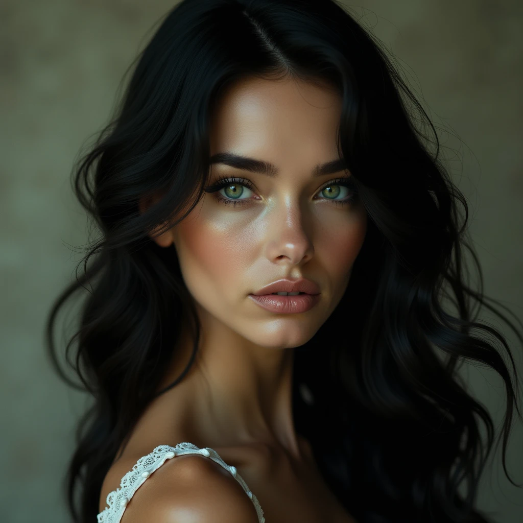 a beautiful woman , realistic, white with green eyes, long black and ...