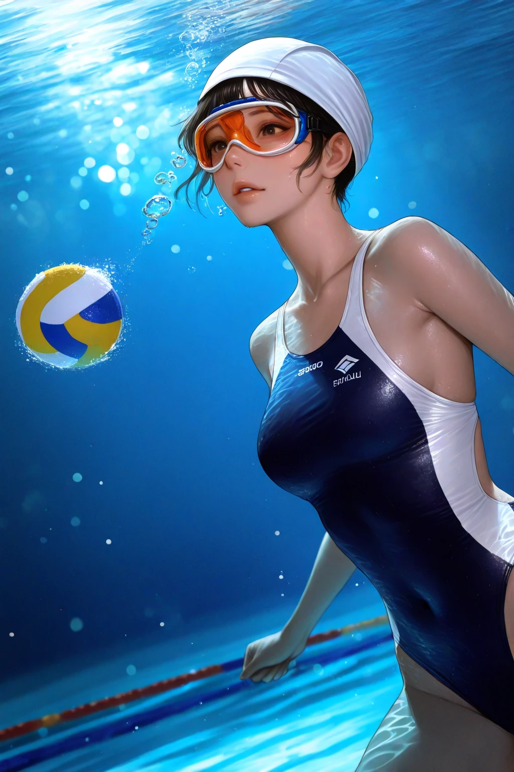 (One Woman),(((Water polo players standing))),((A form-fitting water polo swimsuit:1.5)),(smile:1.5),(extra short hair:1.5),(Beautiful Eyes:1.3),(Very detailedな顔:1.5),((Very detailedな女性の手の描画:1.5)),(((Muscular:1.5))),(((Very well built:1.5))),(Sexy Looks:1.5),((Thick thighs:1.5)),(Beautiful body:1.5),((Very sensual:1.5)),((claw pose:1.5)),(Background in the pool:1.5),(Splash:1.5),(((Blur the background:1.5))),(Written boundary depth:1.5),BREAK(((masterpiece:1.5),(highest quality:1.5),(Very detailed:1.5),(High resolution:1.5),(Realistic:1.5),(Realistic:1.5),(Delicate depiction),(Careful depiction))),8k,wallpaper