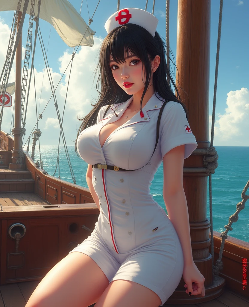 1female，35yo，plum，Very ???????????? and tiny waist，legs long， 独奏，（Background with：aircraft carrier mast，airships，warships），legs are open，， and his long black hair，Twist braids，Stand on a warship，seen from the front， ， The sky is mostly cloudy，（（（tmasterpiece），（Very detailed CG unified 8k wallpaper），Best quality at best，电影灯光，detailed back ground，Beautiful and delicate eyeless right pupil，Snow-whiteskin，Redlip（very delicate beautiful），（Beautiful and detailed eye descriptions），ultra - detailed，tmasterpiece，））facing at the camera，A high resolution，ultra - detailed），  convex，legs are open，Raised ????，????????? skin color，unsatisfied desire，Street，Chinese Navy，Blue and white sailor suit，Sailor's cap，Red five-pointed star logo
