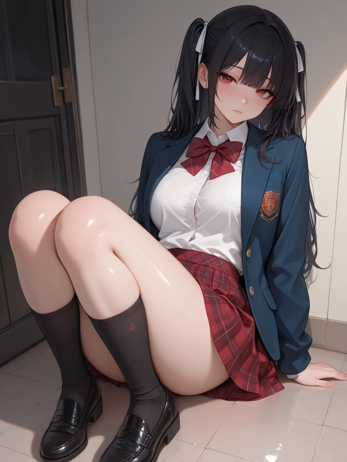 ((masterpiece:1.5)),((Finest quality)),(Ultra-high precision),8k picture, Top quality anime, Highest level of resolution,sharpnes,???????????, legs up, nose blush, restrained, ????????, rope, collared shirt, blazer, pleated skirt, school uniform, bow, garter belt, hair ornaments
