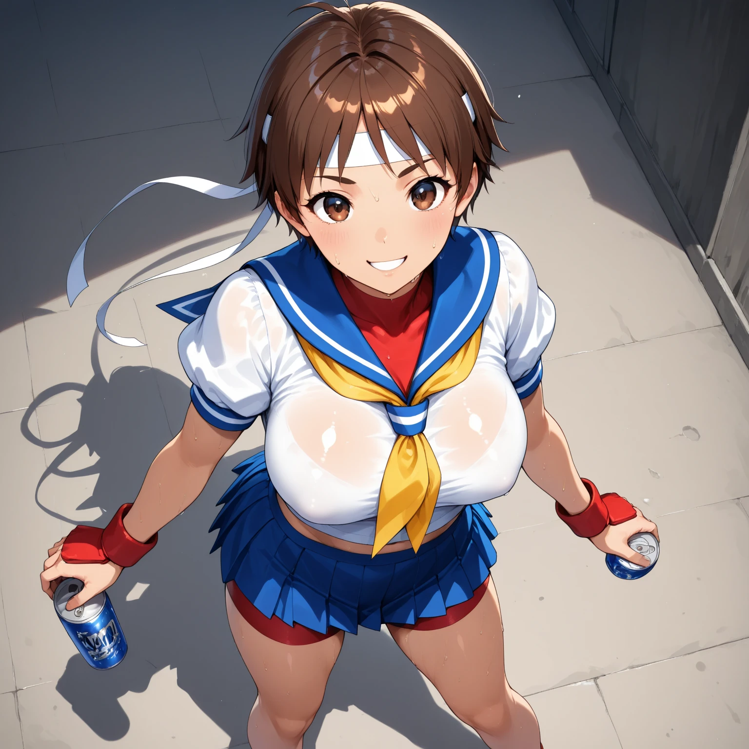 masterpiece, Highest quality, Nico_Yazawa,High resolution, 1 Girl, alone, Brown Hair, short hair, Twin tails、Purple eyes,  , , (Cleavage)、(Beautiful thighs), Carrying a red backpack, (randoseru backpack:1.2) Sweaty、Thick thighs、Highest quality、4K、1girl, 8years old, , cute, grin, 、、on the train、、、Thick thighs、Men holding their  and surrounding girls、 from the 、、、（）projectile 、、Lots of spectators、、low length、Sportswear