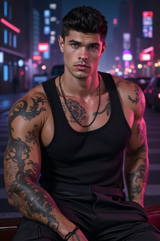 Young white man cyberpunk , 17 years old, Short mohawk haircut, black hair, intense brown eyes fixed, intense gaze, affiliated features, no  hair, Menton fuerte,height 1.90, weight 96 kg, muscular aesthetic build, broad shoulders, V-shaped body, half tattoos in Arms, full body focus, completely hairless