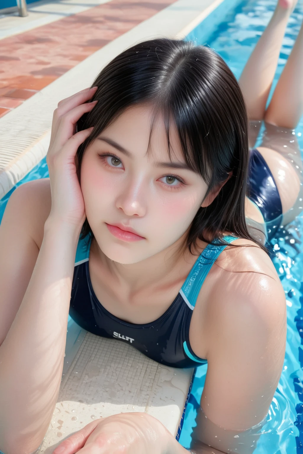 ,（School swimming pool、blue one-piece swimsuit、Big Tits）、double eyelids、Tear bags、Big, round eyes、Long eyelashes）、highest quality