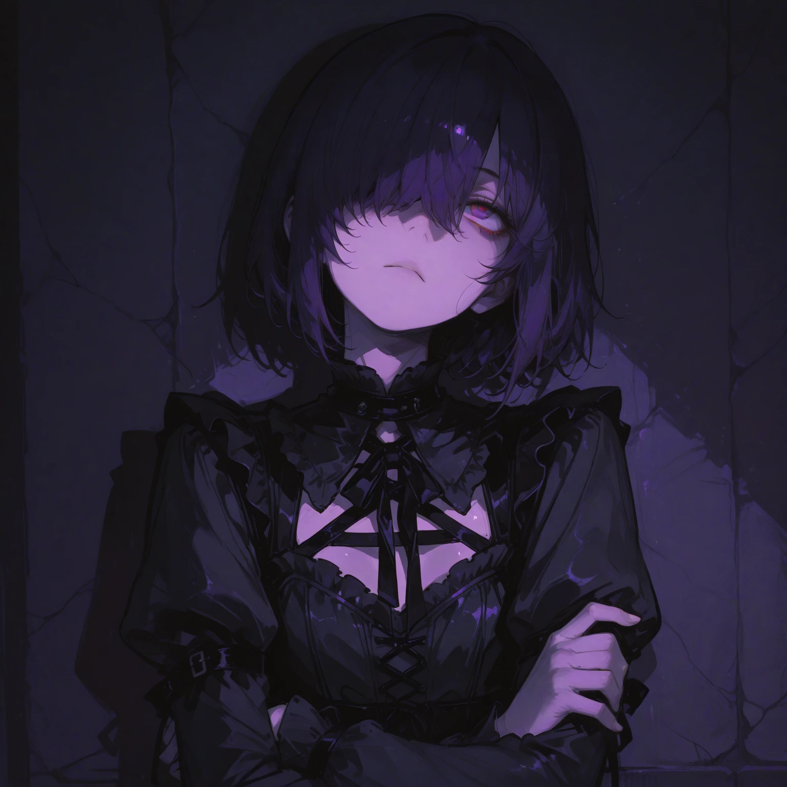 General Details: very detailed, highly detailed, exceptionally high detail, exceptionally detailed, best quality, 2.5D artwork, perfect lighting and shadows, perfect artwork, one girl, beautiful hands, perfect hands
Clothing: clothing, (simple dark gray pleated short skirt: 1.4), (black leather belt with shiny gold buckle: 1.3), (dark red bow tie: 1.2), short sleeves, white shirt, shirt with white buttons
 Expression: slight smile at the corner of the mouth, sly gaze
Posture: standing, posing, looking at the viewer
Character Traits: slender, kawaii, perfectly symmetrical face, slightly pink soft cheeks, extremely cute girl, extremely cute face, exceptionally detailed eyes, exceptionally detailed hair, extremely cute
Background: abandoned city, night, dark, deep focus, exceptionally detailed background
Additional Physical Characteristics: large hips, large thighs, beautiful long slim legs
Hairstyle: (short bob with  bangs), single pigtail on the left, hair between the eyes, multi-colored hair, (white hair with light red tips), amber eyes