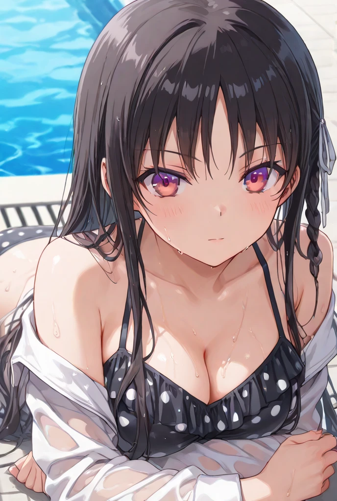 Very detailed CG Unity 8K wallpaper),(masterpiece), (Highest quality), (Very detailed), (Best illustrations),(Best Shadow)、Purple eyes and purple hair、Micro Bikini（Bikini size 1.5）、Large Breasts、Pool、Embarrassed expression、Embarrassing pose