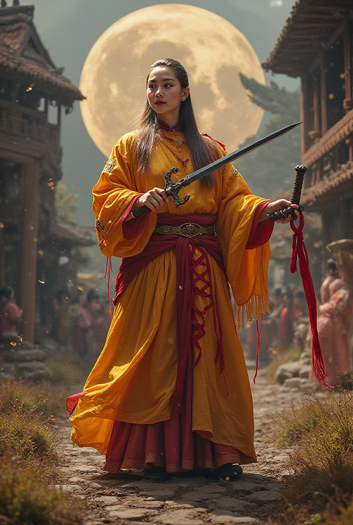 Ultra-realistic photo of a powerful big- fantasy beautiful Thai female full-armored mage with long hair,evil sly smile,wearing highly detailed red and gold Royal-Thai pattern with metallic gold textures and weathered surface armored,  ancient Thai wide brim hat, right hand holding a long gigantic royal Thai pattern-style glowing energy broad-sword , left fist to a camera ,cinematic lighting, sharp focus, shallow depth of field, high dynamic range, soft shadows, realistic materials, photo taken in a studio with fantasy heaven city background, 85mm lens, f/1.4, ISO 100, 8K photo