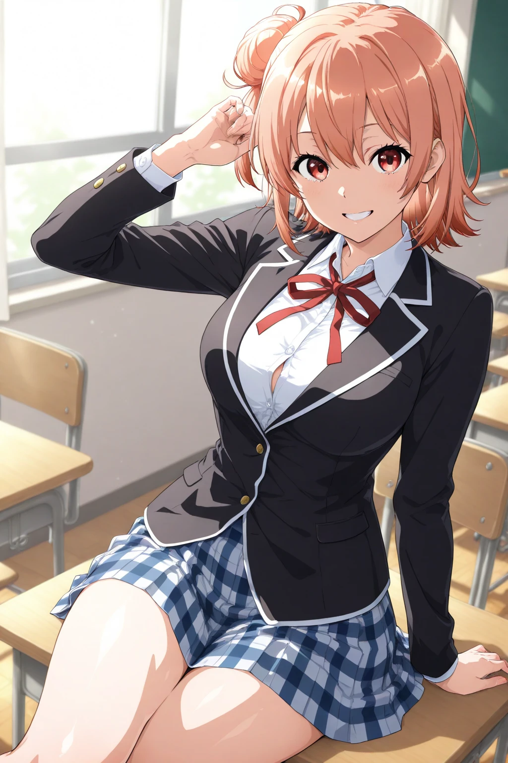 ((Highest quality, High resolution,  Perfect Pixel,  4K)),  (Beautiful Anime Girls), Depth of written boundary、


Yuigahama Yui,  (Big Breasts:1.3)、
short hair, Single hair bun, Neck ribbon, White shirt, Dress shirt, blazer, Black jacket, , Long sleeve, Checked skirt,  
Sweat、blush、
indoor、
ass pov, straddling, 