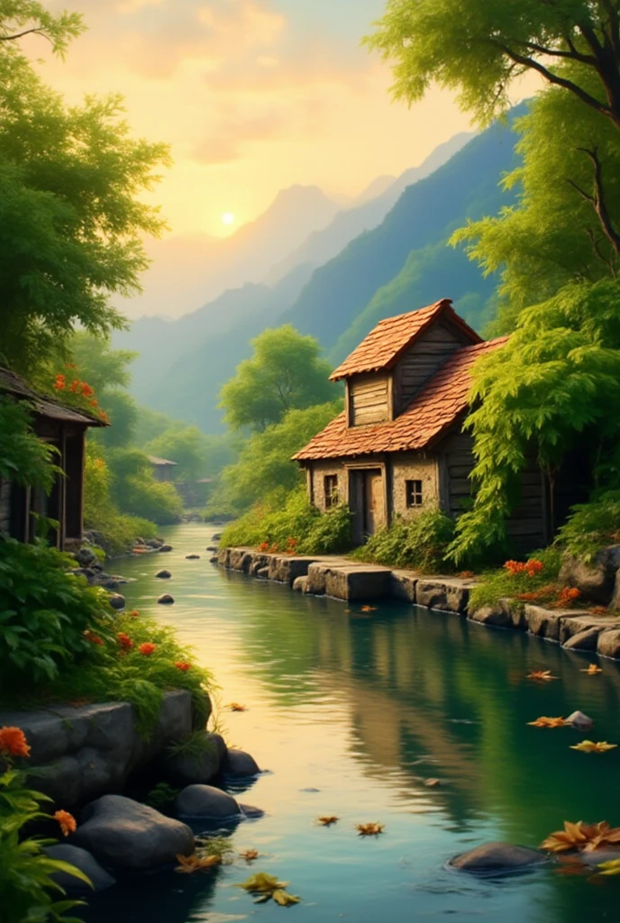 The best quality, masterpieces, beautiful wild and natural fantasy landscapes with glowing lights, clear spring waterfalls, tree houses, paths, bridges, glowing fruits on trees