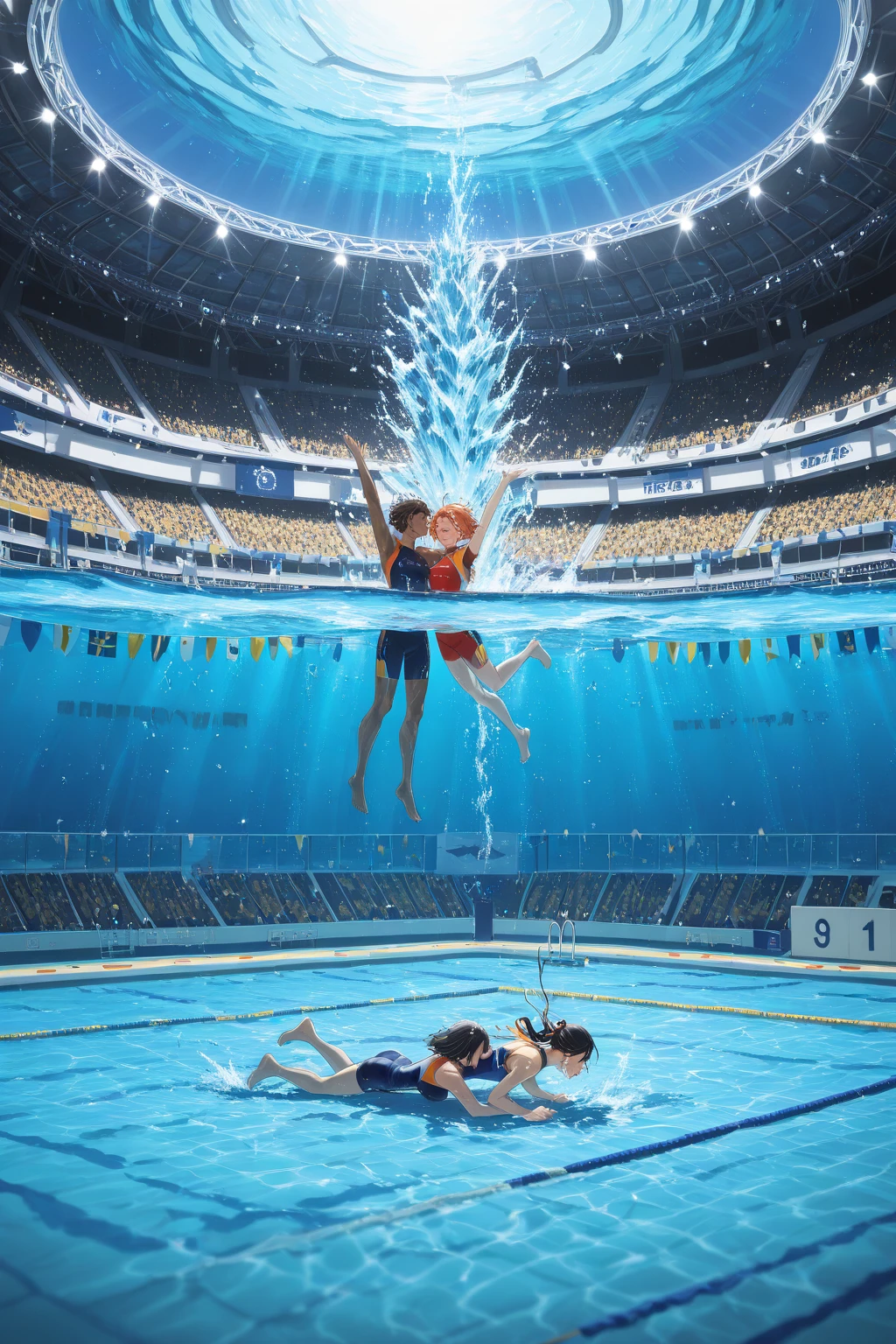 Highest quality、High resolution、Detailed Background、Beautiful face in every detail、Teenage beauty、Cute hair colors、Perfect body line、swimming、Olympic Stadium、The pool shines blue、The audience is filled with excitement、The sun is shining high、Elite athletes、Tone muscles、The swimmers line up at the edge of the pool waiting for the starting signal.、The players jump in together、Water splashes and swimmers swing their arms and kick their legs vigorously.、The water battle has begun、Healthy Beauty