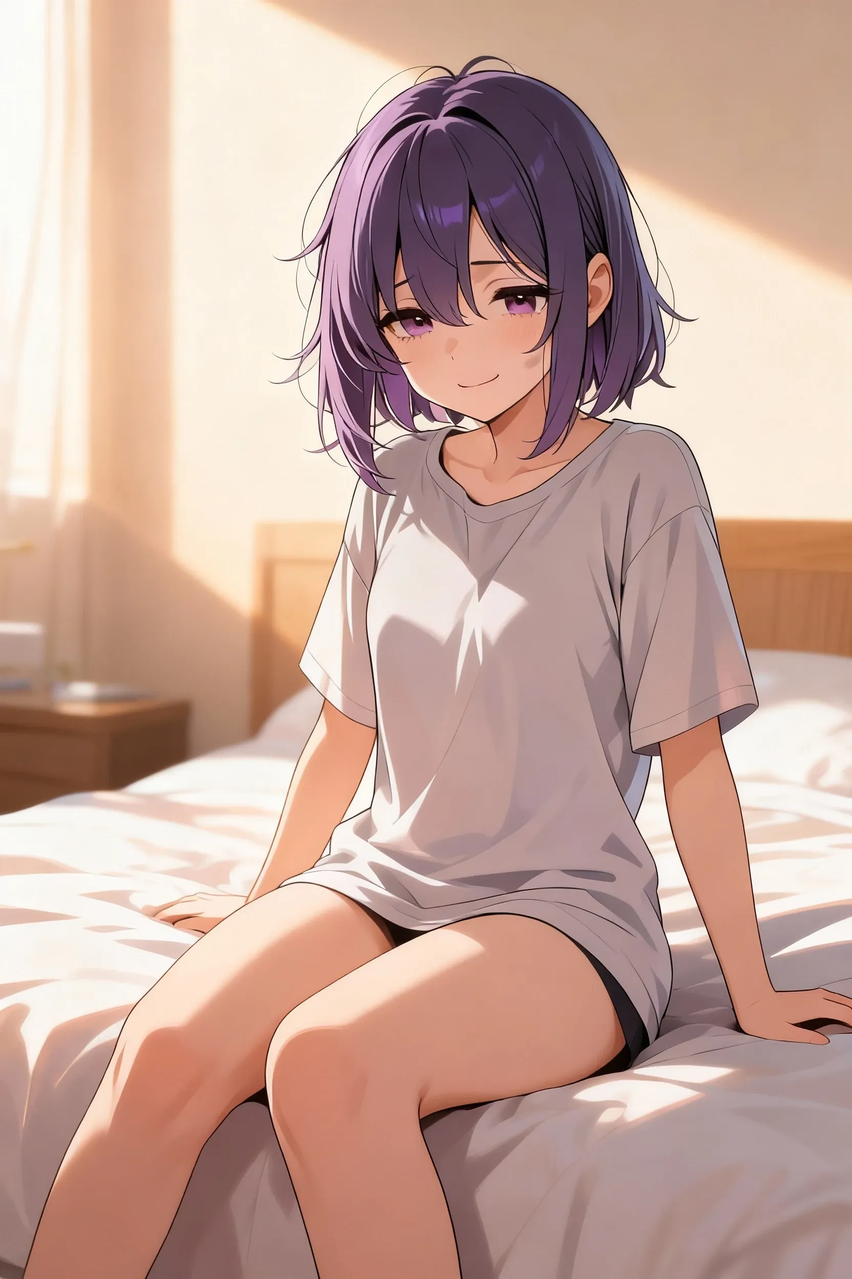full body, 1 girl, purple hair, short hair, yellow eyes, , living room, modern villa, detailed background, highres, highly detailed face, Detailed eyes, shy expression, blush, good proportions, looking forward, happy smile, homey, girlfriend, oversized white shirt, short sleeves, shorts,  legs, visible legs, sitted on bed, hands joined in front