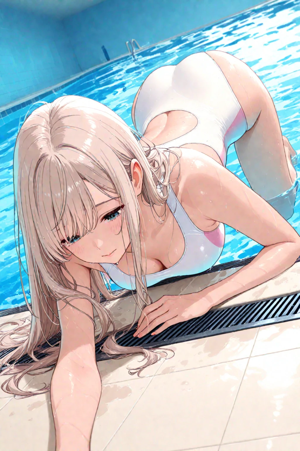 Woman with very light white skin, with white hair, rosy cheeks, with an embarrassed expression, wearing a swimsuit lying down 