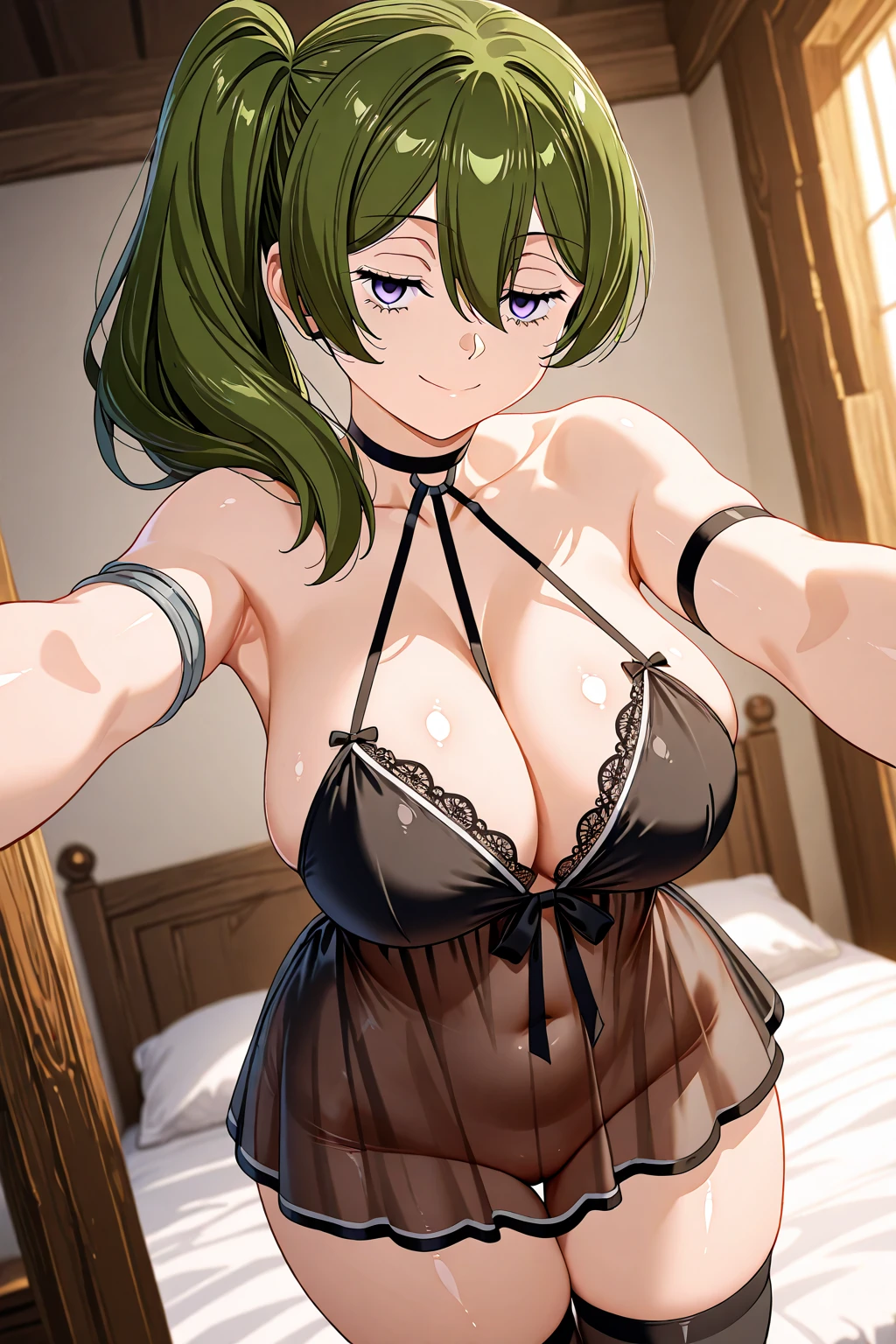 best quality, ultra high res, 1girl, ((mature)), ??????????????, seductive smile, green gray hair, choker, adult girl, mature girl, ((milf, mother)), side ponytail, ponytail on shoulder, on knees, cute, smiling, light green lingerie, light green stockings, light green garter belt, lace, multi strapped panties, light green hair ribbon, navel