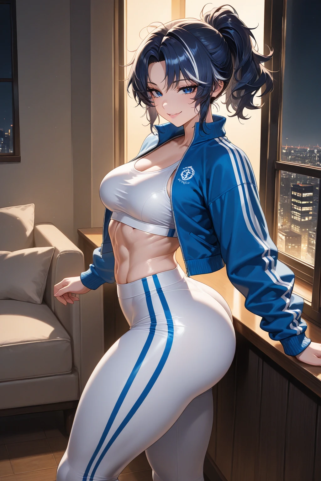 Girl short hair Blue hair Blue eyes Blue matching Smile confidently Correct limbs, leaning forward, sports  and pants, arms behind head