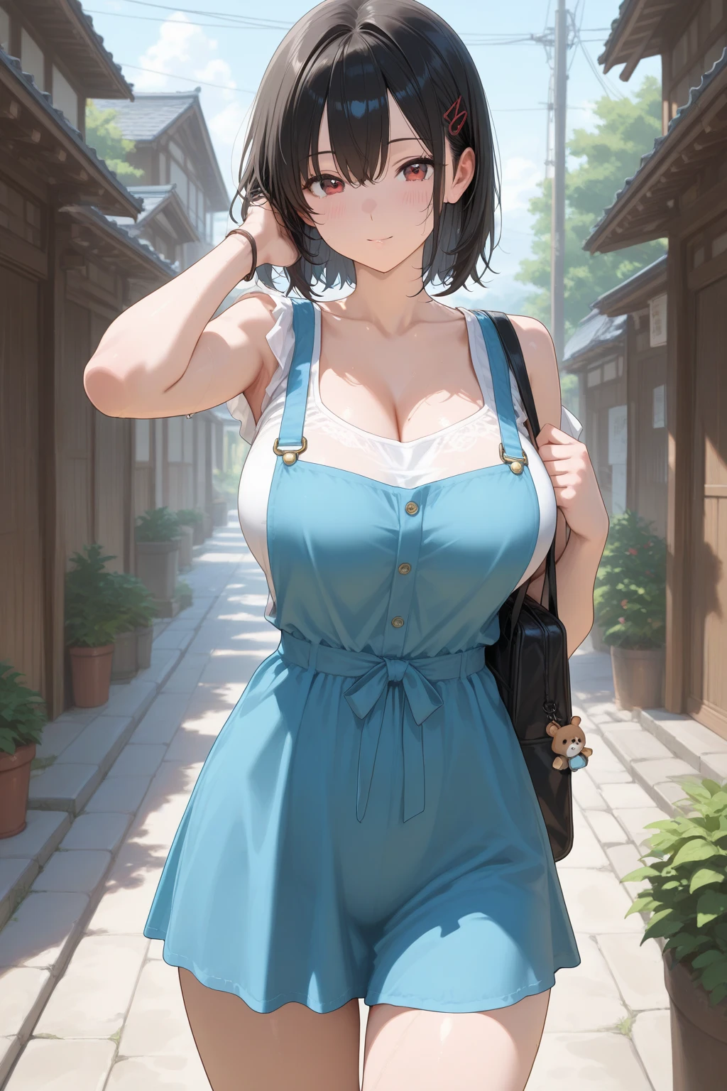 girl, In town, stage, shortcut, Tying hair,big breasts, thighs, yukata, perfect lips,beautiful eyes, smile, blue eyes, blush,perfect , shape, algorithm trends,sit