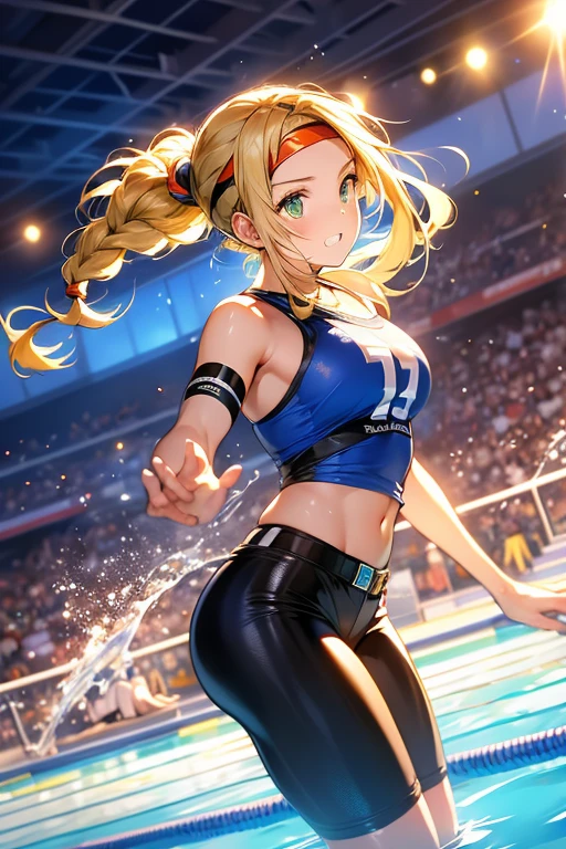 (Absurdres, master piece, best high quality image, very detailed features, very detailed textures, carefuly detailed artwork, solo character)
{{1character: 40 years old beautiful blonde woman, (fair skin, blue eyes, blonde golden long hair tied in a high ponytail with a long crimson ribbon, voluptuous figure, , beautiful legs, beautiful arms, serious calm expression, defensive wrestler pose) (light-grey one-piece wrestling leotard, blue wrestling boots, cleavage), (gym wrestling ring))}}