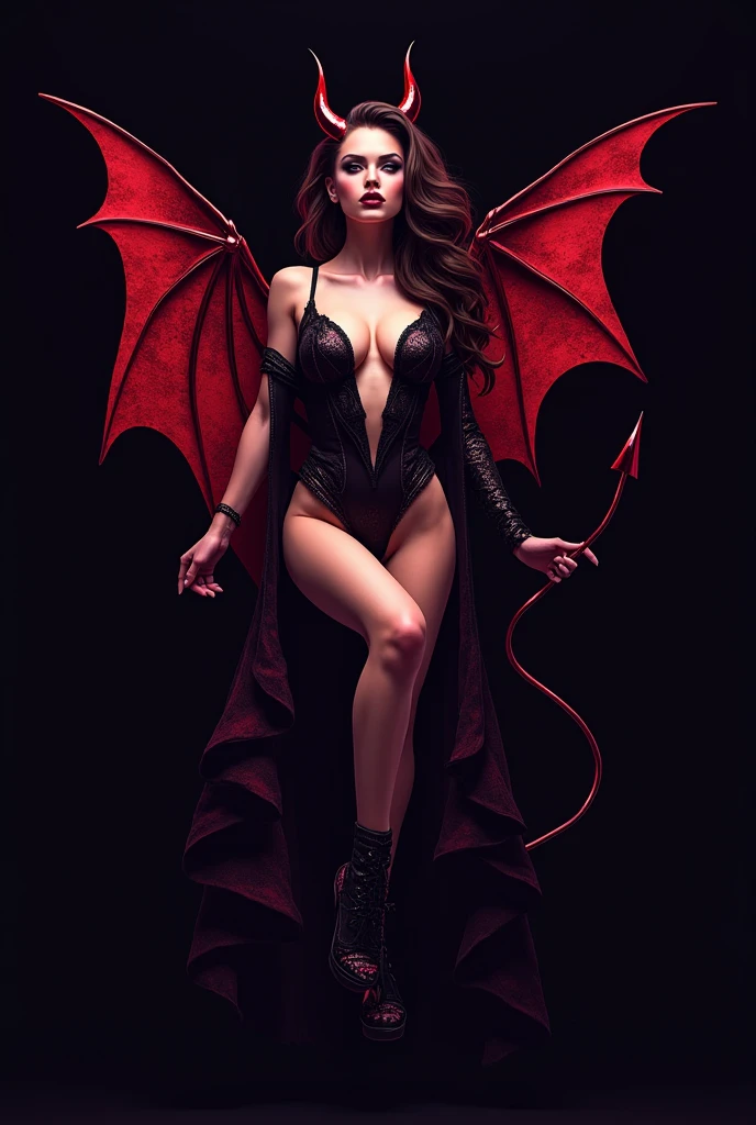 Create a high-quality hyper-realistic image of a  female succubus. She is supposed to have an otherworldly beauty, with skin as red as a bony carapace. She is a voluptuous and shapely yet slender figure, exuding strength and great physical endurance. Her long, dark, shaggy hair encircles her face, partially covering her sharp but  demonic features. Her ravenous smile instils fear but also desire. Her fiery red eyes are supposed to be captivating and intense, with a mysterious and dangerous charm. Her hands are covered in fiery red carapace and are equipped with claws while her demon-like feet are equipped with curved claws. It has large, dark, leathery bat-like wings and a long, elegant, sinuous, prehensile tail. Its  clothing is revealing yet elegant, adorned with dark, infernal motifs that accentuate its demonic nature. The setting should be a mystical, dimly lit environment, with hints of firelight, shadows and arcane symbols, enhancing its supernatural and  aura.
