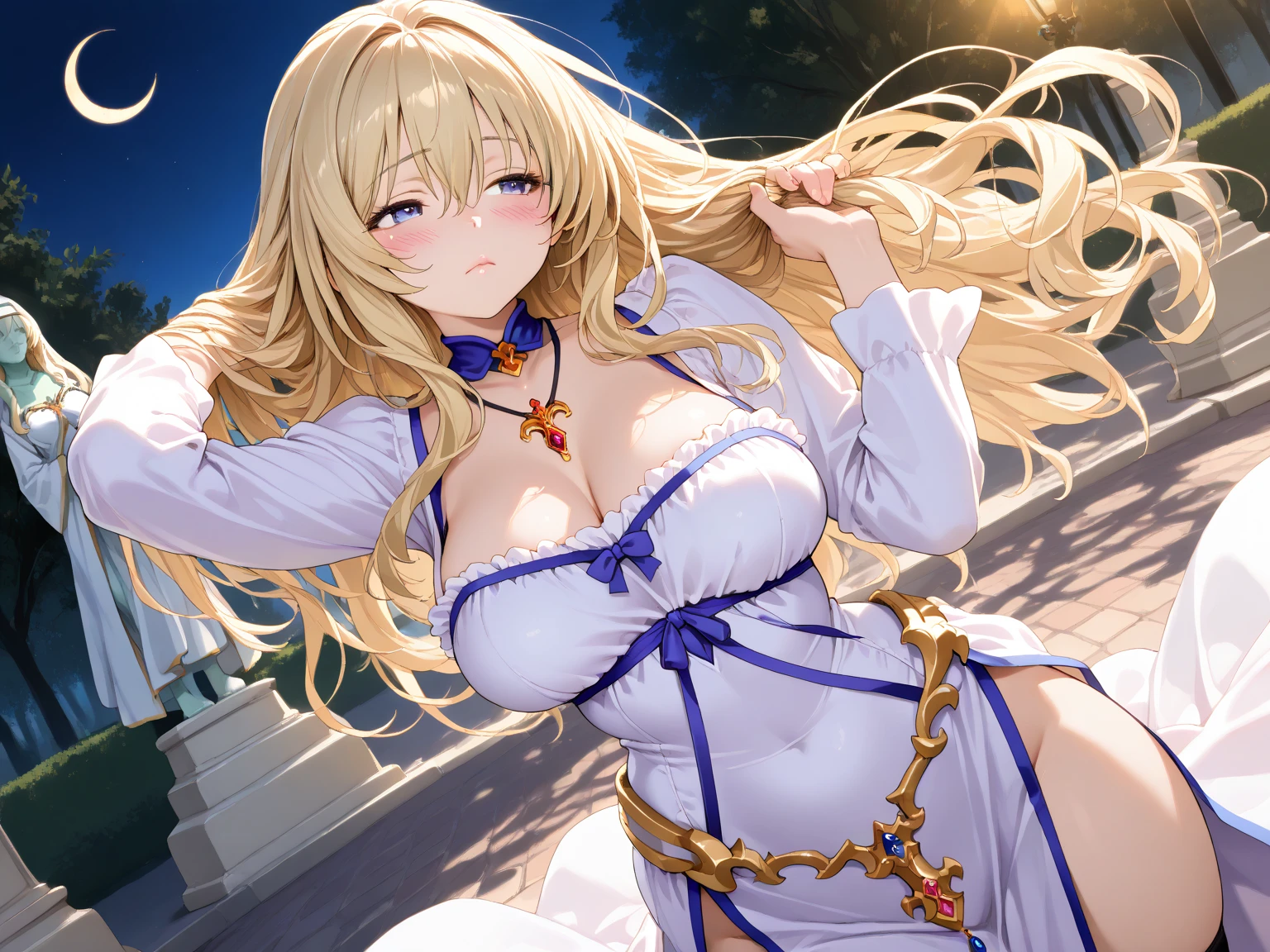priestess, blonde hair, blue eyes, long hair, hair between eyes,, Live Stage, Big Breasts, . large breasts. . crying　alone