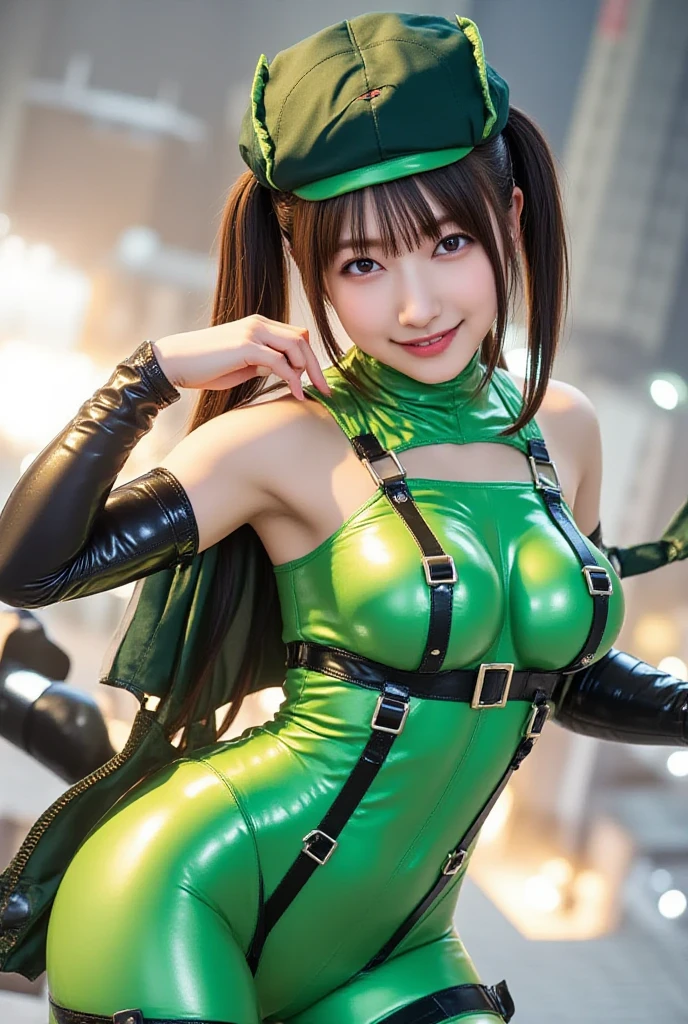 Close-up of a woman in a  green and white uniform,Race Queen， Perfect android girl, Japanese Model, deayami kojima, Naughty face, Tsuyoshi Miyamoto, Cosplayers, Perfect android girl family, Slim girl model photo, Young and busty gravure idol, Ijiri，Android Heroine, Elf, nico tanigawa, Anime Girl Cosplay, Japanese Robot Geisha, Japanese mascot