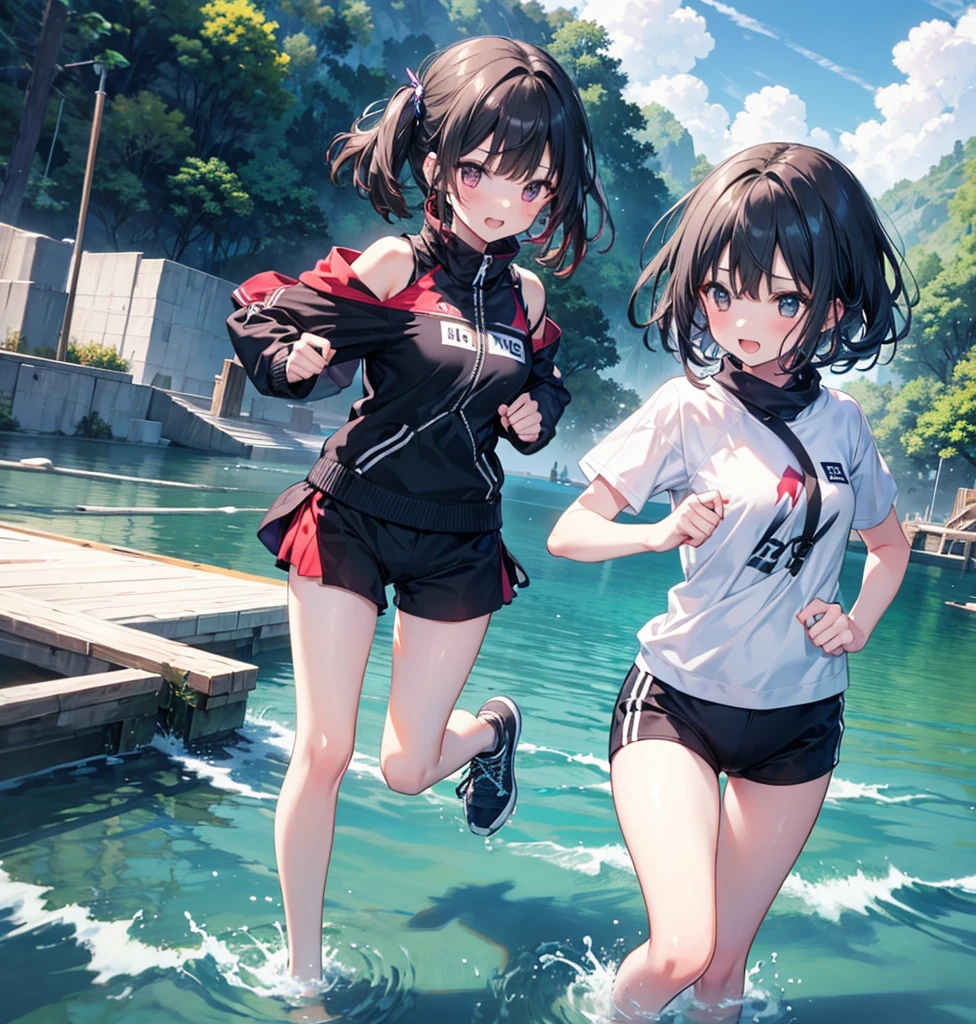 full body, delicate  features, medium tits, medium hair, black hair, tearful mole, earring, tracksuit, shorts, pool, yuri, 2 girls,