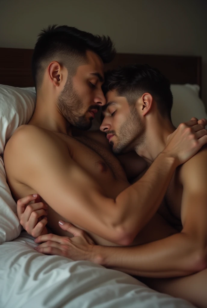 Create an intimate scene featuring two adult men, one ebony and one twink skinny dude, engaged in a consensual ?????? encounter. The setting should be a private and comfortable bedroom with soft lighting that creates a warm and inviting atmosphere. The men should be portrayed in a loving and respectful manner, with an emphasis on their emotional connection and mutual consent. The composition should focus on their bodies intertwined, capturing the physicality of the moment while maintaining an artistic and tasteful perspective. Attention to detail is important, including the realistic depiction of their physiques, expressions of pleasure, and the overall mood of intimacy and closeness.
