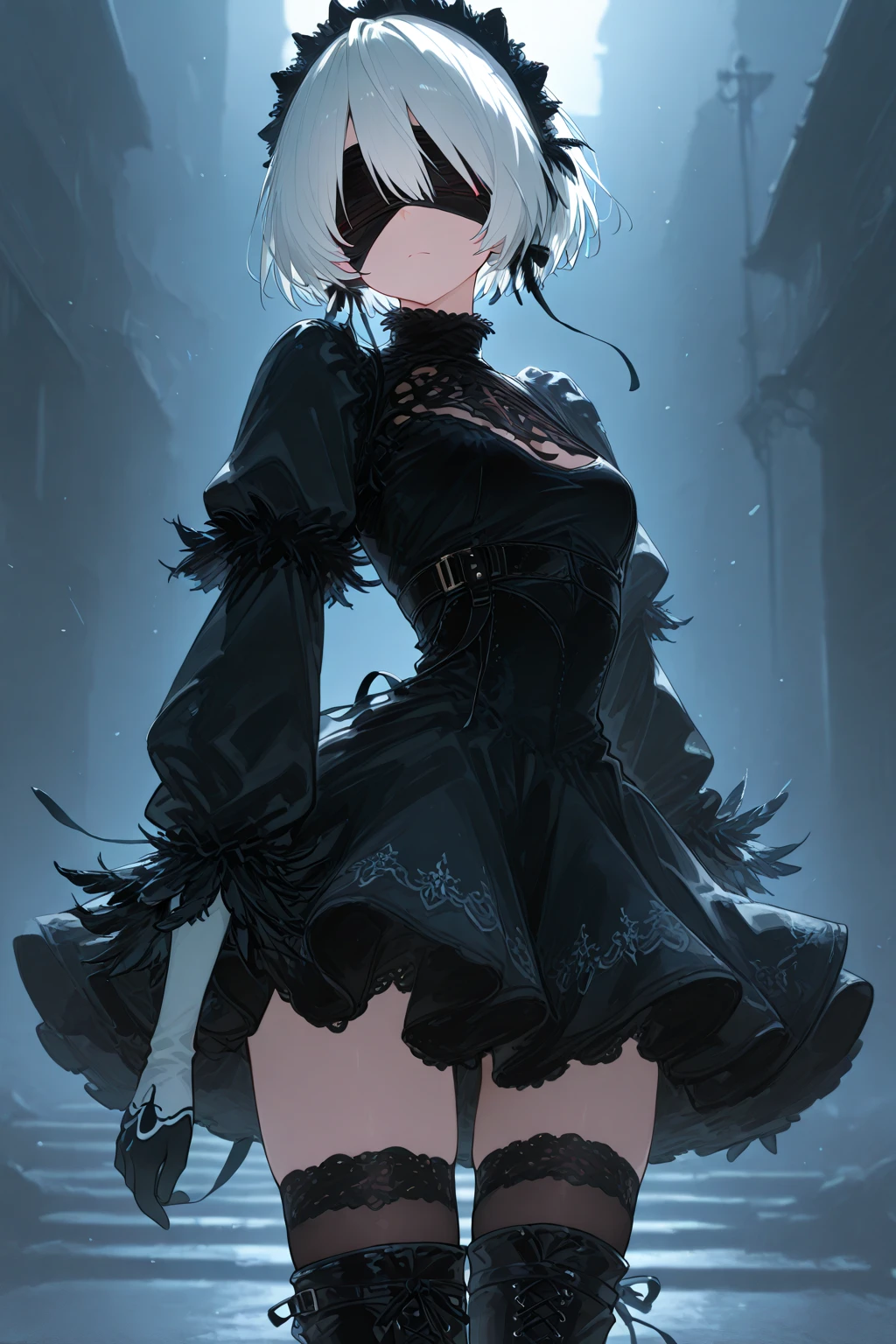 masterpiece、Highest quality、Beautiful expression、Absurd、Extraordinary World、Beauty、solo、Idol、(Cowboy Shot、Light blue ruffle lace long dress、white collar、White Ruffled Cuff、particle:1.5)、(bloom、Shine:1.4)、(Laughter)、(Short white hair、blue eyes:1.7)、Sharp focus、Photorealistic、High resolution、Most detailed、Very detailed、Detailed face and eyes、Sharp pupils、Realistic student、Sharp focus、 Shiny skin、Black Corset、Black pantyhose、(Dark Forest、moon、Dark Background:1.5)、Rim Light、dynamic, Cinema Lighting