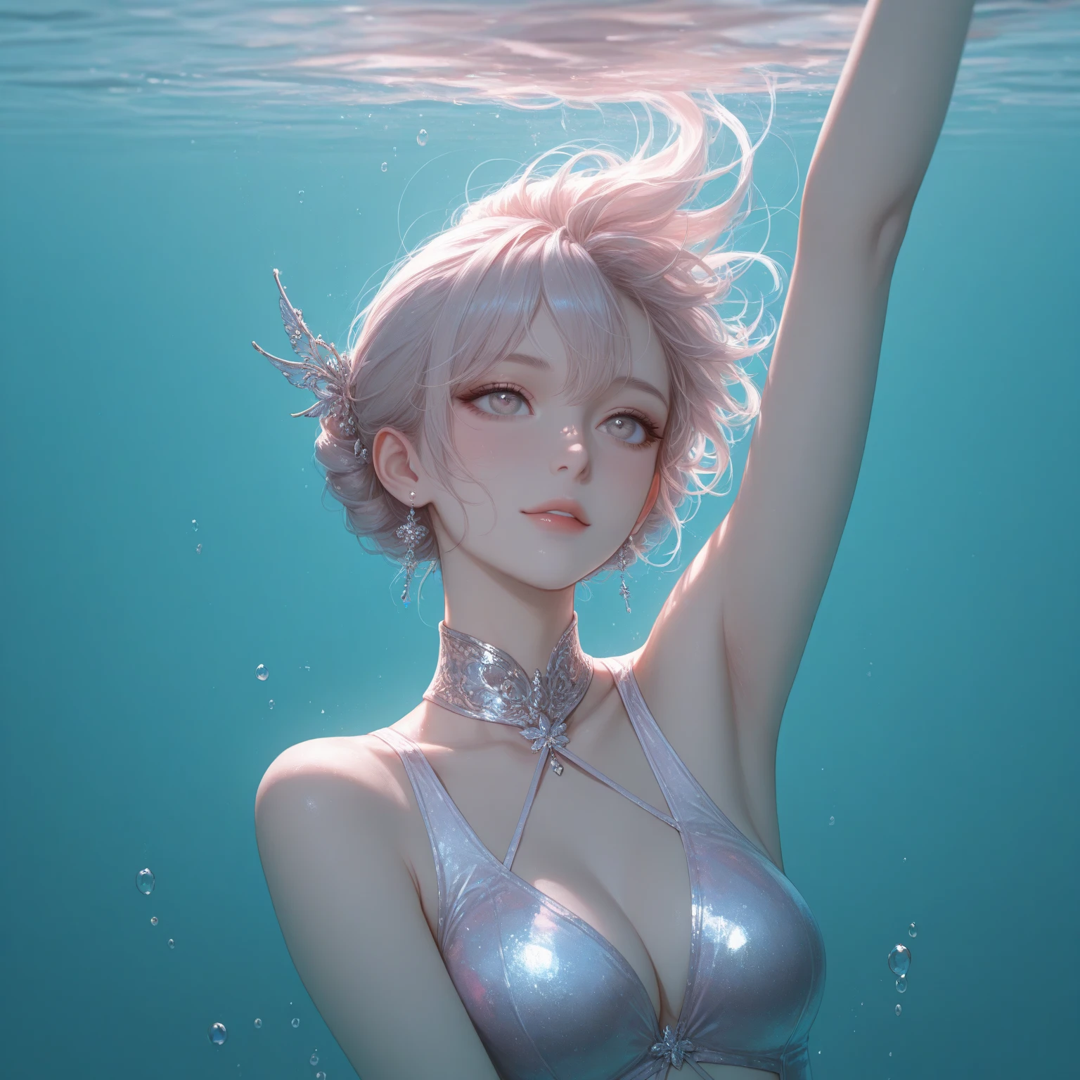 (masterpiece), (high quality), (photo realistic),
(high angle from side),  (looking camera), (face close-up), (dark gray background), 
1girl, rainbow mesh pastel color hair, hair blowing in the wind, multi color iris,  eye, shining lips, jewelry, school sailor suit, golden grow ivy, optical prism, (splash of water:1.5), 