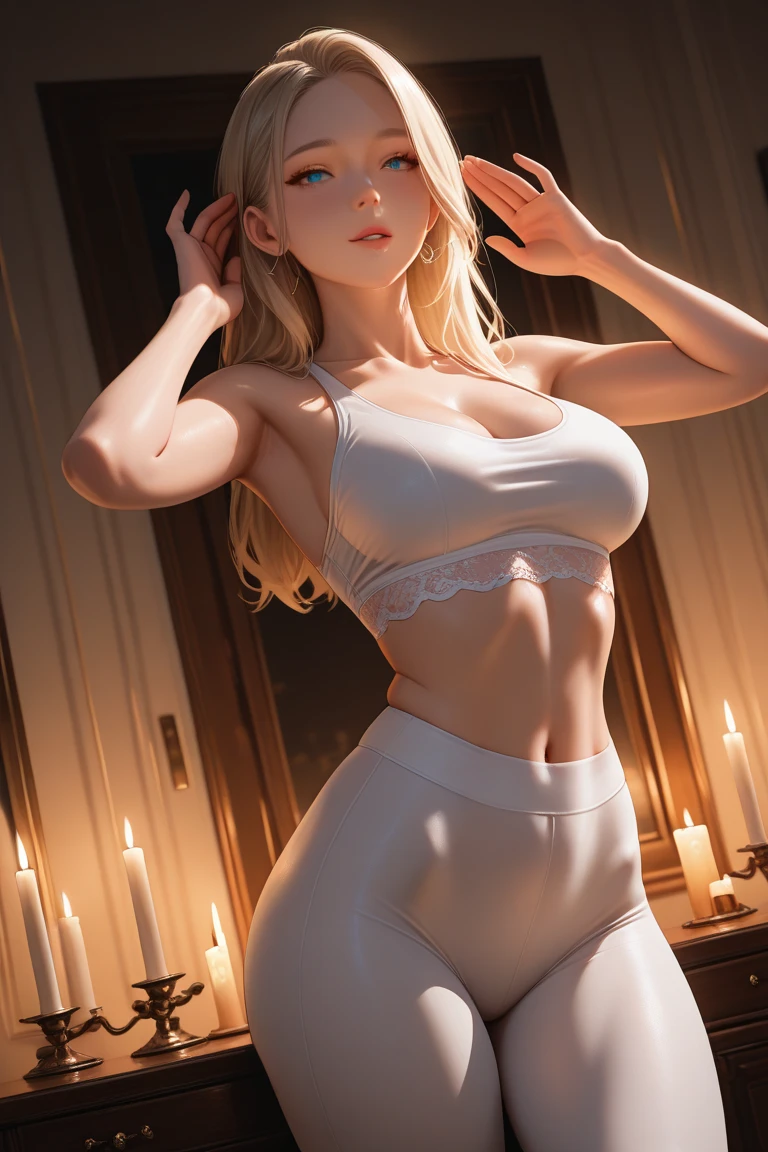 beautiful woman with blonde hair,big ass, sitting on the bed, sexy, realistic, perfect quality, realistic face, realistic eyes,vision behind the ass, white 