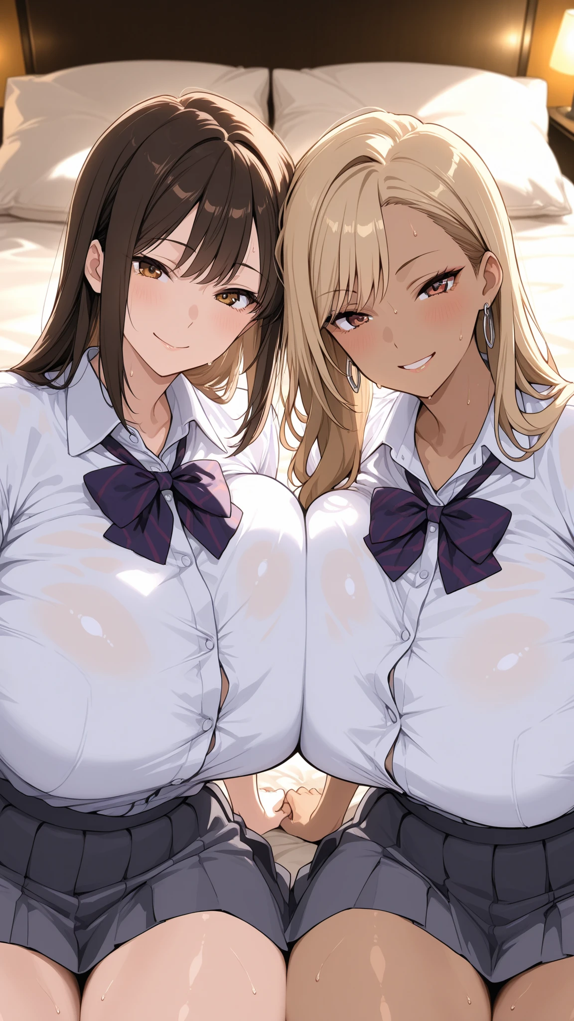 masterpiece, Highest quality, Beautiful face and eyes in every detail, Two Girls, Cute idol, Cool Idol, Event Stage, Cool idol costumes, sing, Laughter,（hyper :1.9)(shirtlift:1.8),(:1.5),(Top view:1.4),(Side by side:1.7),(slouch:1.7),(  grab:1.8),(:1.7),( hold one's  with one's arms:1.5),grin, on ,