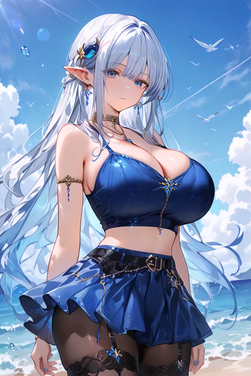 Highest quality、Highest quality、masterpiece、(8K resolution),beauty(Age 25)、(Mature Appearance)、Light blue long hair(Braiding of sides)、blue eyes、(Blue  with detailed embroidery)、(Elf)、Big cleavage、((Very ))、smile、blue necklace、Blue Earrings、background(Beach)、Please open your mouth wide、bracelet、Dynamic pose、Blue choker、