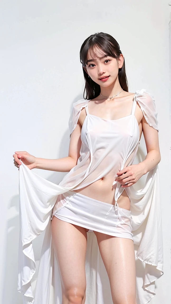 (8K、RAW Photos、Highest quality、masterpiece:1.2)、(Realistic、Realistic)、1 Girl、((Pink Dress、belly button、Off the shoulder、Fluttering Hair、Stand with hands on hips、See-through、boots、Big Breasts、View from the front、Are standing、frozen body)、smile、Lots of eyelashes、Add shine to your eyelids、skeletally correct、