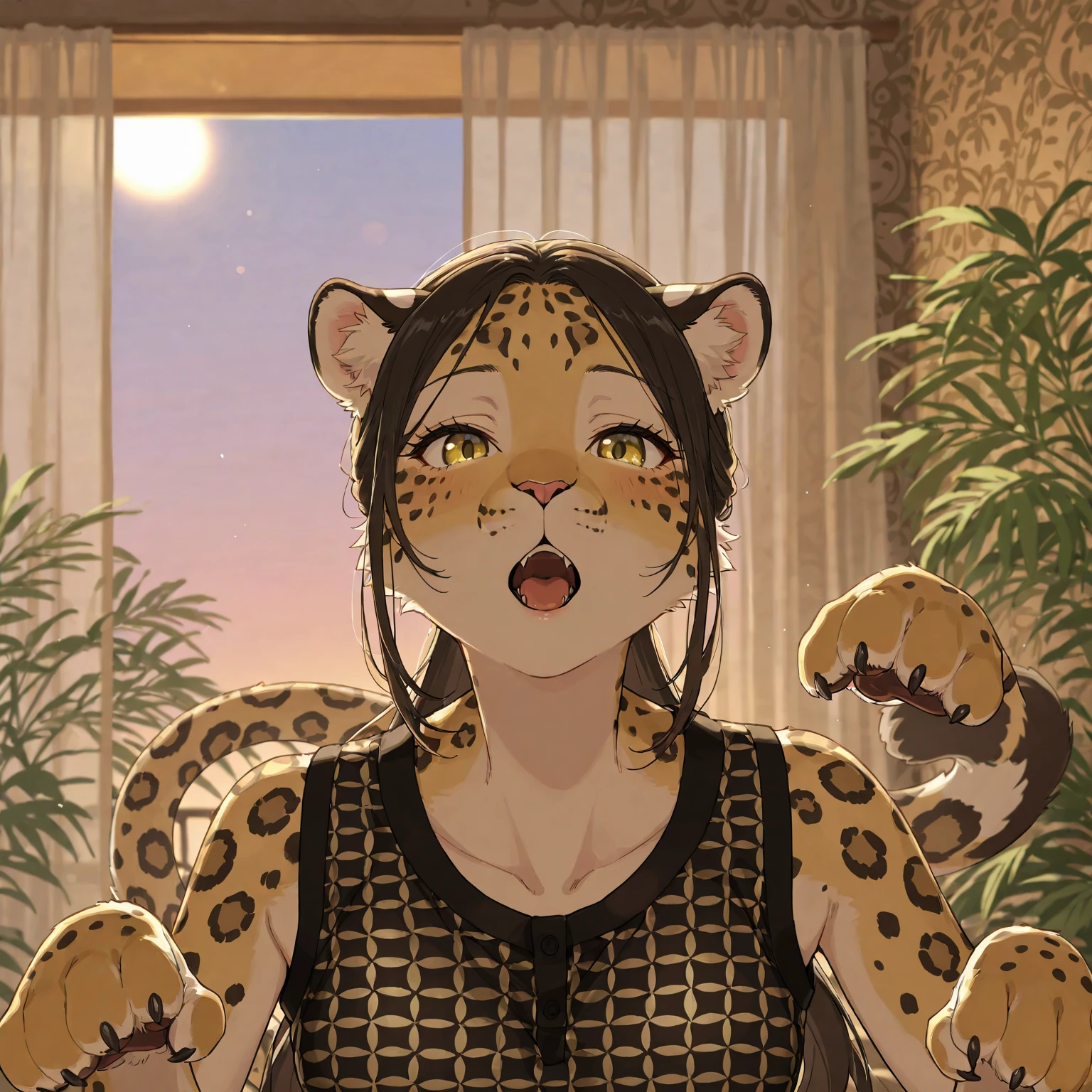 masterpiece, Highest quality, Illustration of the novel, High resolution,  , Sensual, Intimate, Emotional, Passionate, romantic, sweet, Adorable, Innocent, Pure, charmな, charmな, charm, Mysterious, charmな, charmな, Immersive, charmな, dream-like, Surreal, Imaginative, Whimsical, artistic, Avant-garde, timeless, elegant, Sophisticated, chic, Sophisticated, Personality, original, charmな,((A Cheetah/A cheetah/Cheetah Dress:1.3))、Upper Body、(a bit)