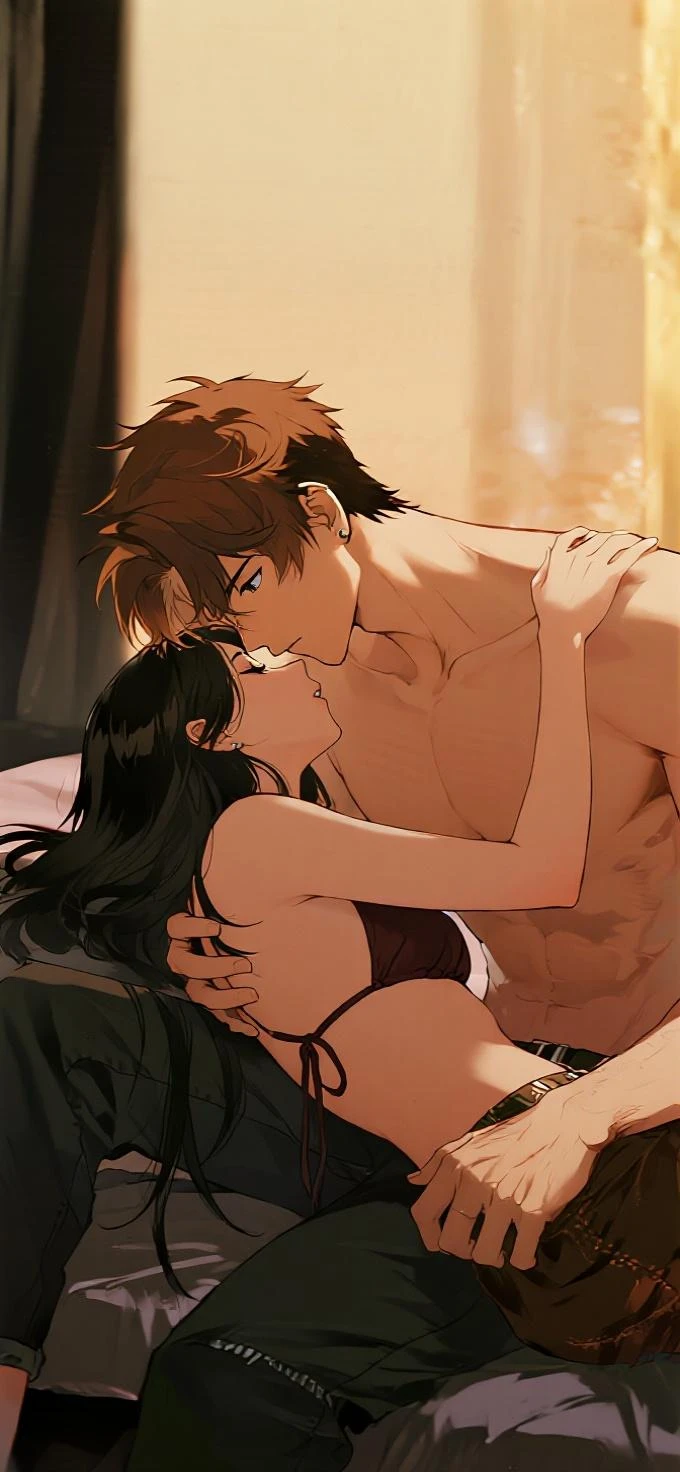 1girl, black hair,, , lying, cowboy shot, 1boy buzzcut, muscular, lying, boy  front of girl, hug, hugging, passionate hug,body to body, pelvic to pelvic, face to face, girl's arms up, boy hold girl's arms, camershot at behind boy's back, ,  , , bedsheet,  