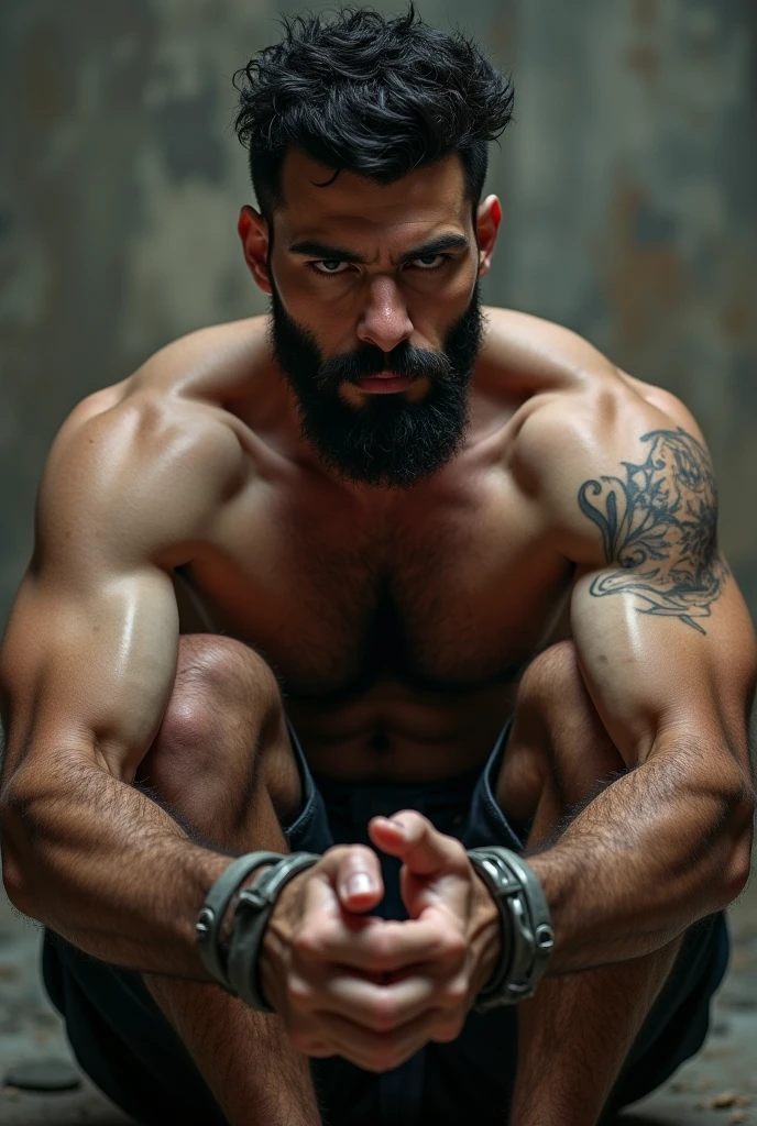 (8k, original photo, best quality，Half body photo) ,, ((( 25-year-old muscular blindfolded men, get caught his both hands tied up backward with iron chain)))，open mouth crying, screaming, standing，, muscular man，blush，Shy expression，Mouth slightly open，Armpit Hair, micro  ,pubic hair，wearing a black micro  , hands are tied up backward with iron chain connected to wall，，a Asian muscular bodybuilding champion ,(((no cheast hair)))，((( black wall background)))，handsome man,Real human skin is smooth and delicate，delicate skin，Large ，Eyes and eyelashes are very detailed, muscular man, Manliness, male, Expose chest muscles, male love model, muscular, digital SLR, Super quality, XT3, crystal clear, 8k ultra high definition, high detail, Super real photos, (Realistic skin), ((pores)), ((high detail skin)), Volumetric light, groin, far, Complex 3D visualization, high detail,Real human skin ((Correct body structure)), (((correct ))),(((Forced noise reduction)))