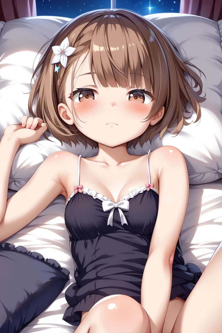 high-level image quality、top-quality、Detailed drawing、Does not blush cheeks、Slender beauty、Docile、Pink School Swimsuit、Small eyes、Smaller chest、poneyTail、Inner thigh-sitting、a bed