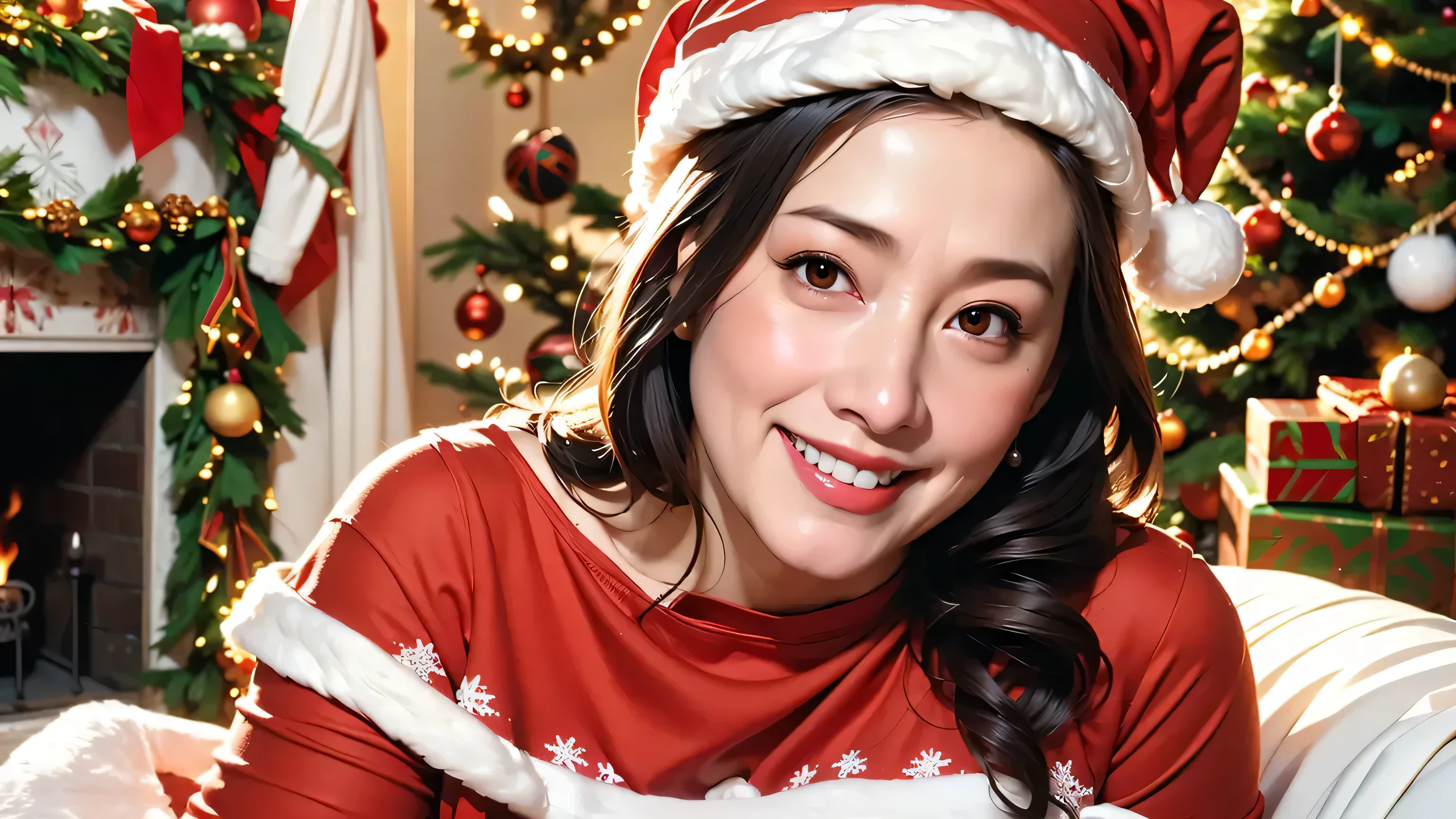 ((Best Quality, 8K, masutepiece, Portrait: 1.3)), (From below, Look down, Looking at Viewer), (Cowboy Shot:1), Photorealistic, Sharp Focus, Solo, Japan Mature Woman, Beauty, ((Lying down)), (Open mouth:0.7), Cloth with view, 35 years old, Wavy Hair, Wrinkles at the corners of the eyes, emphasized, ((Huge:1.4))),,, Christmas、Christmas tree、Santa Claus Costume,High Floor Hotels