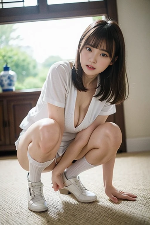 （(masterpiece, highest quality:1.2)）, （High resolution,Fine details）,（4K images）（（The whole body is visible））,（（Shooting from the front））,Natural images,No discomfort,one person,Japanese,Beauty,Student Model,slim, Breast augmentation,F Cup,cute,The eyes are large, double eyelids, and droopy.,Golden Hair,ponytail,(Her posture is々Posing),He has a microphone on his crotch,field,Idol,She has her mouth open,tongue,White Turtleneck,Chest,,((thick and dark pubic hair)),,(She is wearing loose white socks),She is wearing high-top white sneakers.,