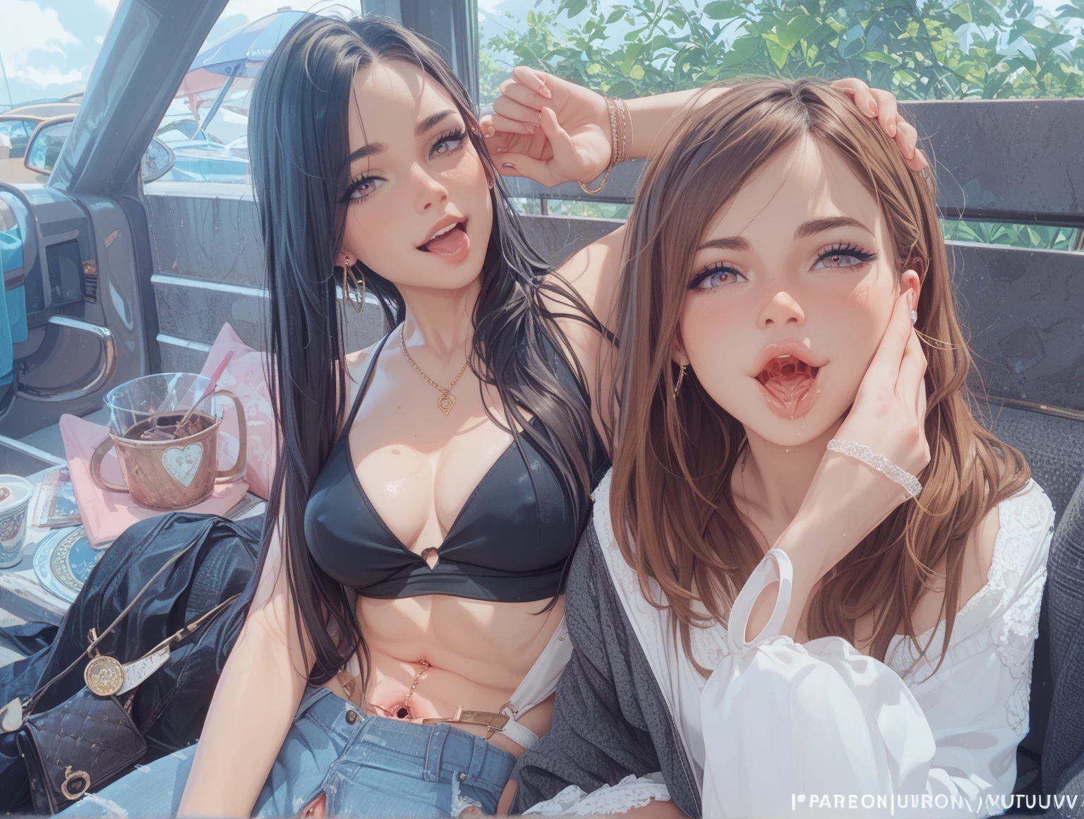 Realistic, Selfie of two girls, close contact with both , wearing a , , smiling face