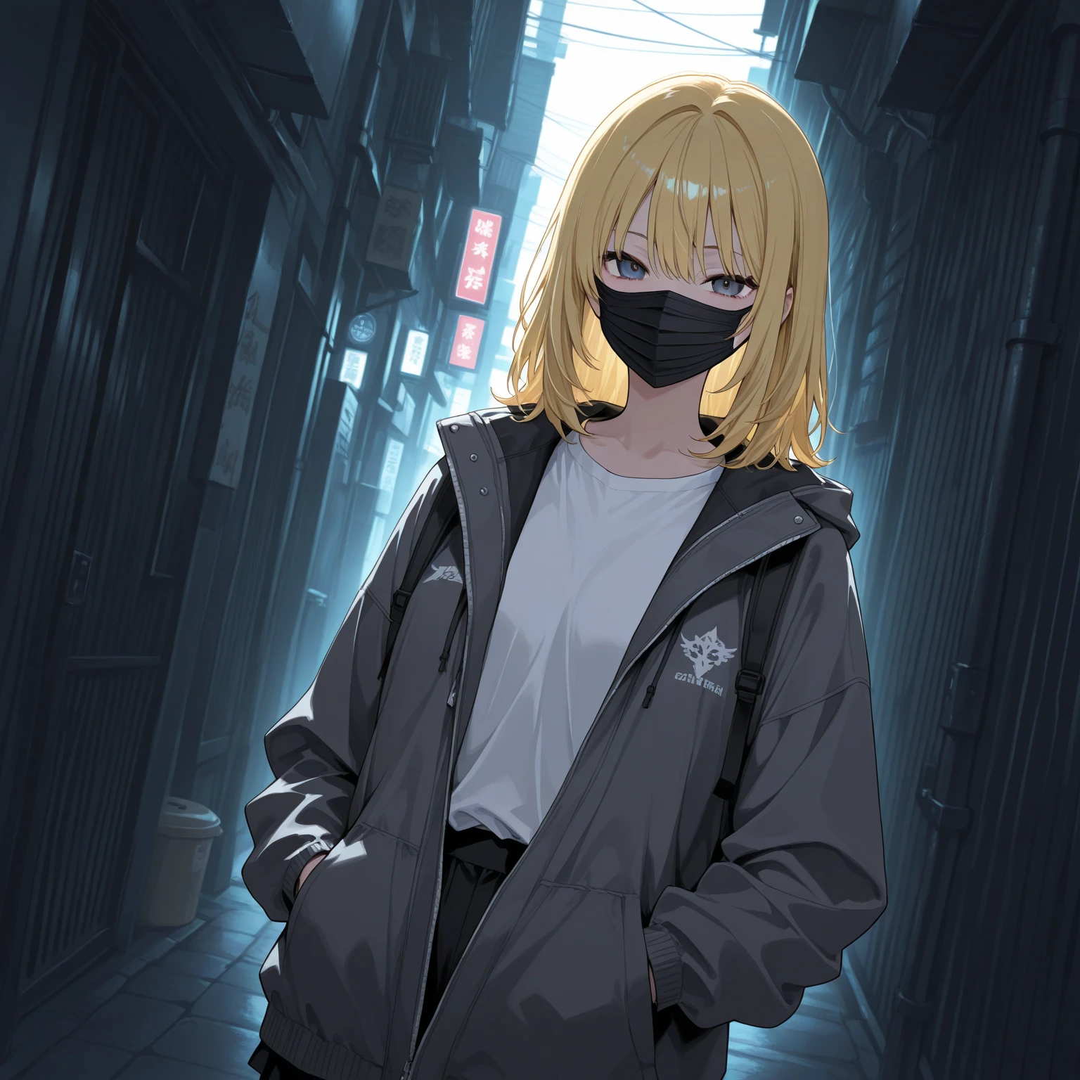 (wide angle 1.5), anime girl with a hood and covering her mouth with a scarf, arcueid \(coat\), anime graphic illustration, anime art wallpaper 4k, anime art wallpaper 4 k, anime art wallpaper 8 k, anime style 4 k, detailed digital anime art, anime abstract art, anime style illustration, digital anime illustration, cute detailed digital art, anime style artwork, anime styled digital art, anime illustration, grimm dark colours