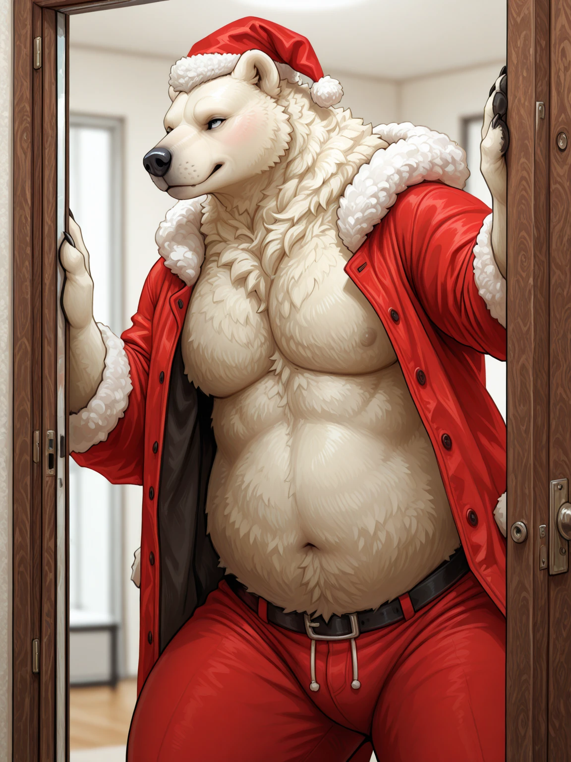 ((Polar Bear)), white teeth, kneeling, saliva, (((white)) furred body)), ((dominant)), ((intimidating)), , Daddy, father figure, mature male, hunk, pecs, ((crotch focus)), ((Antarctica)), ((arms behind head)), ((very detailed background)), ((very detailed )), ((very detailed lighting)), ((very detailed hands)), ((well drawn hands)), ((very detailed crotch)), ((large )), (( sock)), ((very detailed )), (((Red)) leather )), ((very detailed clothing)), ((very detailed fur texture)), ((very detailed)), very high resolution, very high quality